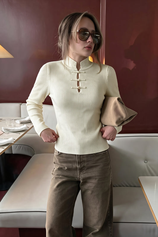 Mandarin Button Ribbed Neck Sweater