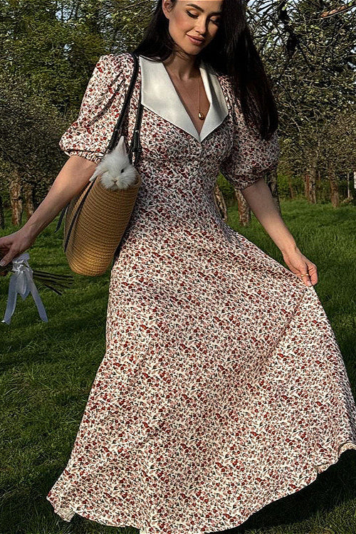 Maxikleid mit Puffärmeln, Digitaldruck, Peter-Pan-Kragen, hoher Taille und Blumenmuster