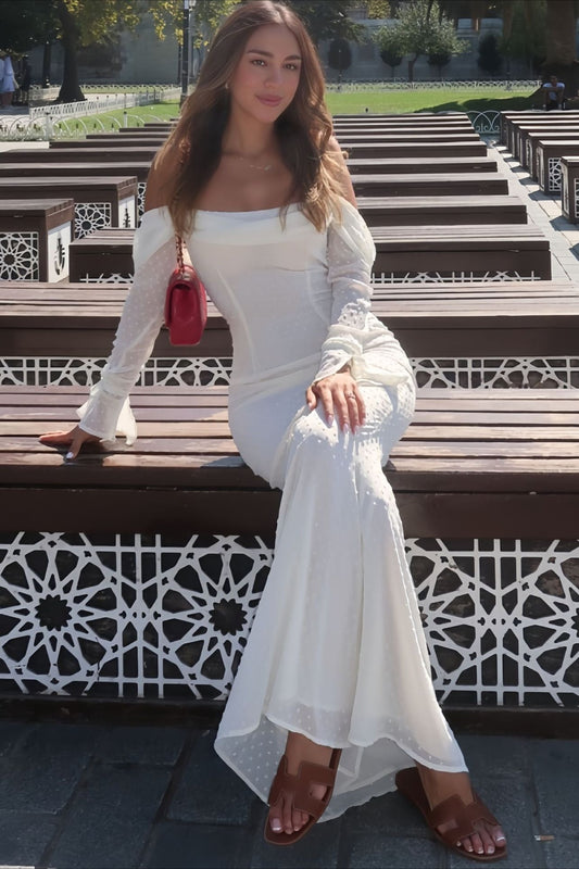 Doppellagiges, einschultriges, rückenfreies, langärmliges Maxikleid im Meerjungfrauen-Stil aus Netzstoff