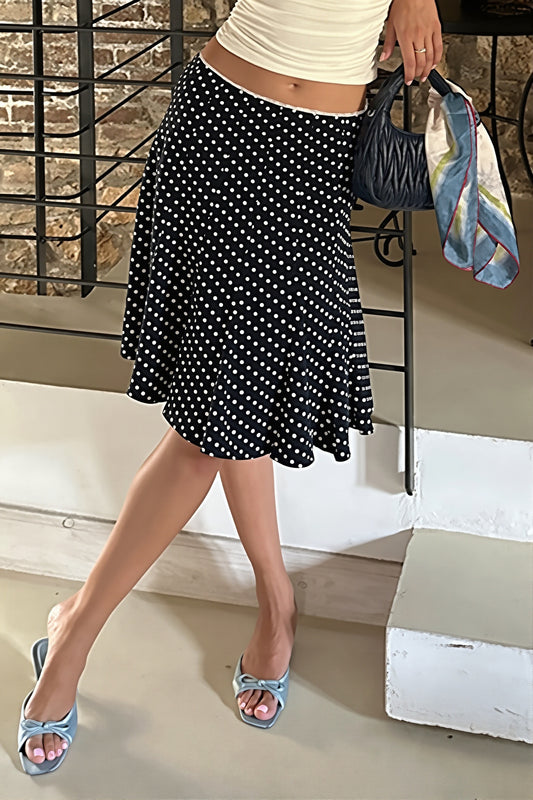 Black Polka Dot Lace Trim Fishtail Midi Skirt