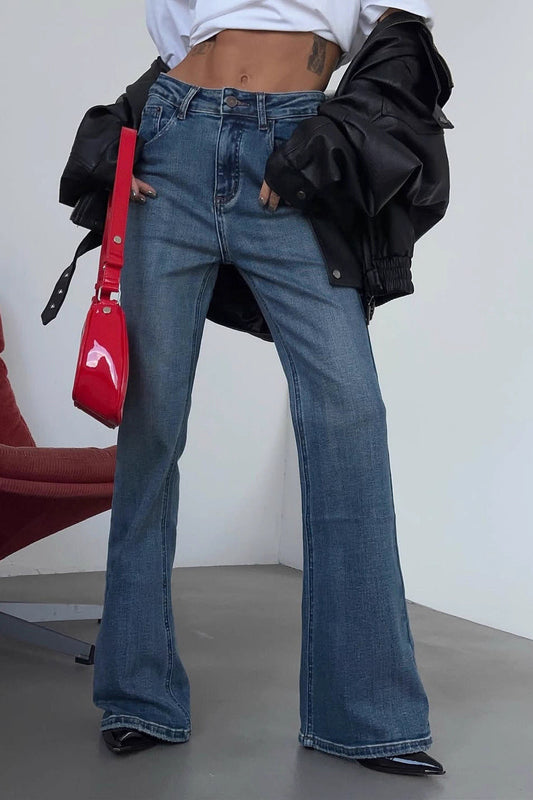 Retro Washed High Waist Slim Flare Jeans Blue / S