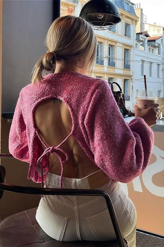 Rundhalsausschnitt, lange Ärmel, rückenfrei, kurzer Strickpullover mit Bindeband