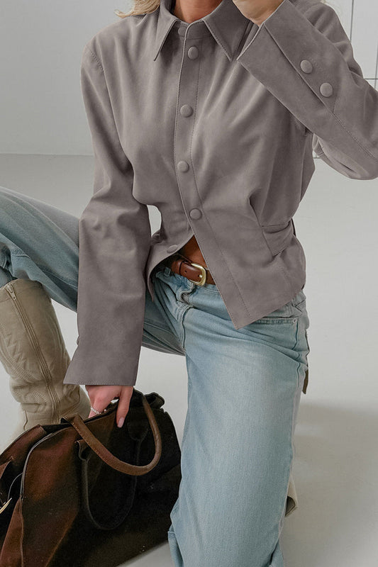 Khaki Suede Collared Ruched Blouse