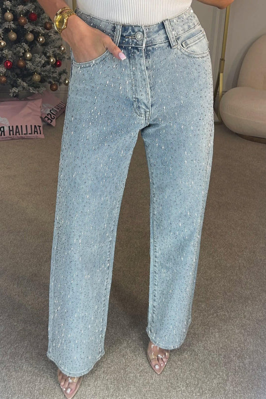 Strassbesetzte, gewaschene High-Waist-Jeans