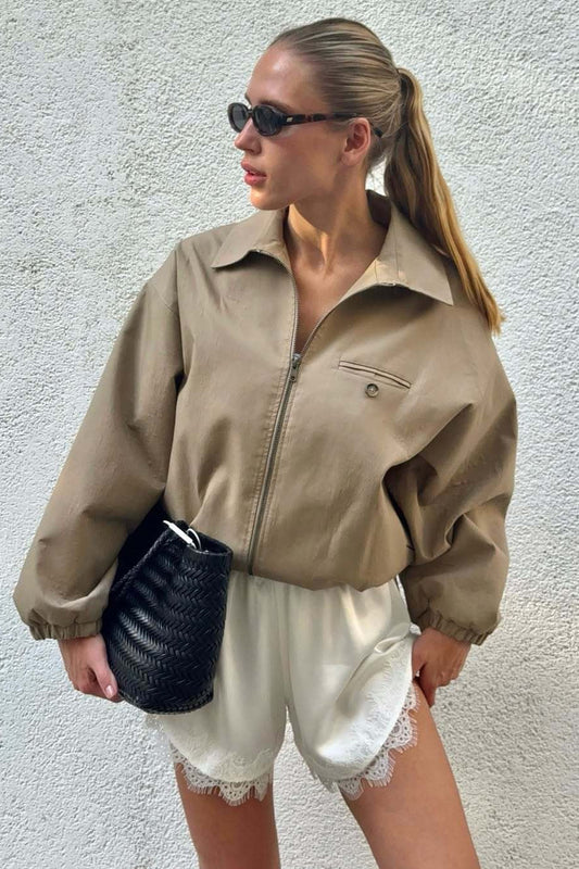 Zip Up Cropped Khaki Jacket Khaki / S