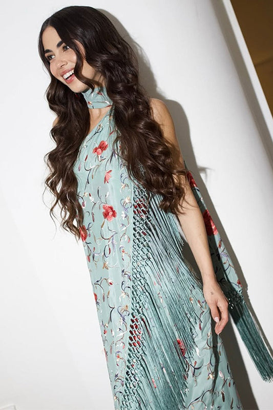 Ärmelloses, rückenfreies Kleid mit Blumenmuster und Quasten