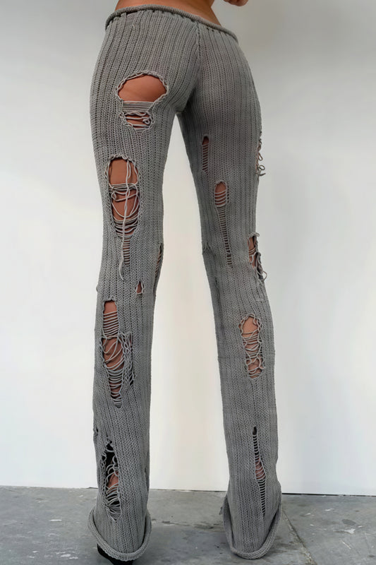 Solid Cutout Distressed Slim Edgy Pants