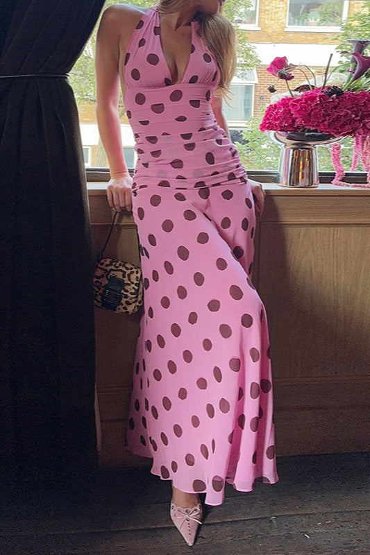 Vintage-Maxikleid mit Polka-Dots und V-Ausschnitt