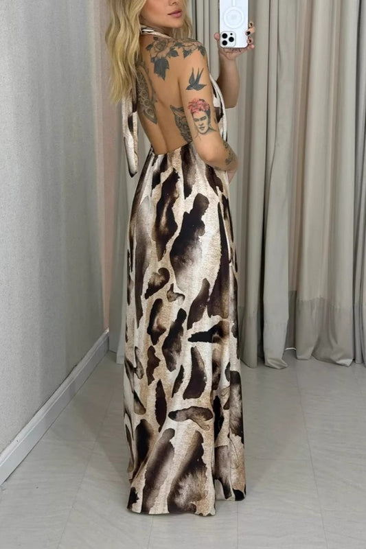 Rückenfreies Maxikleid mit Neckholder und Leopardenmuster
