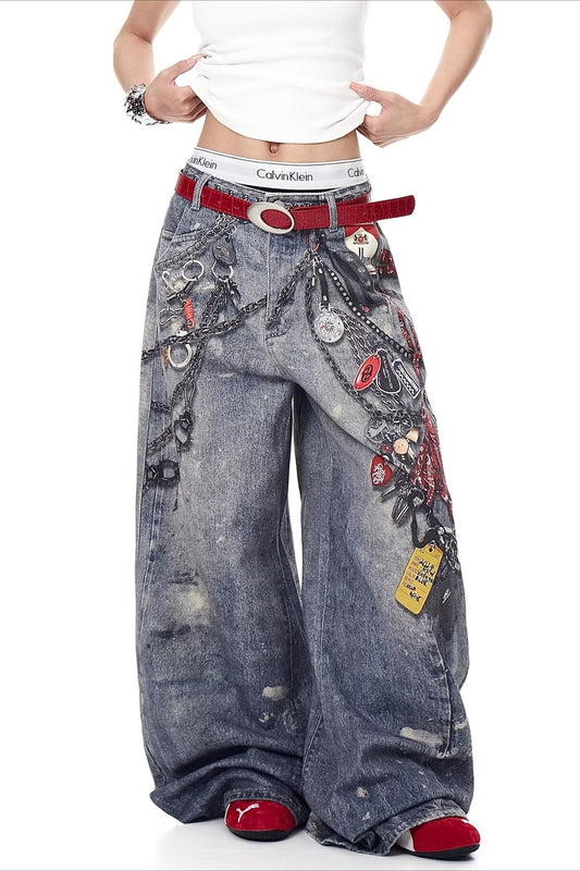 High Street 3D-Kettenprint-Jeans mit lockerem, weitem Bein