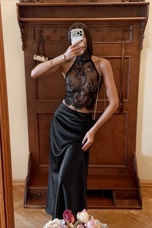 Lace Halter Top and Satin Maxi Skirt Set