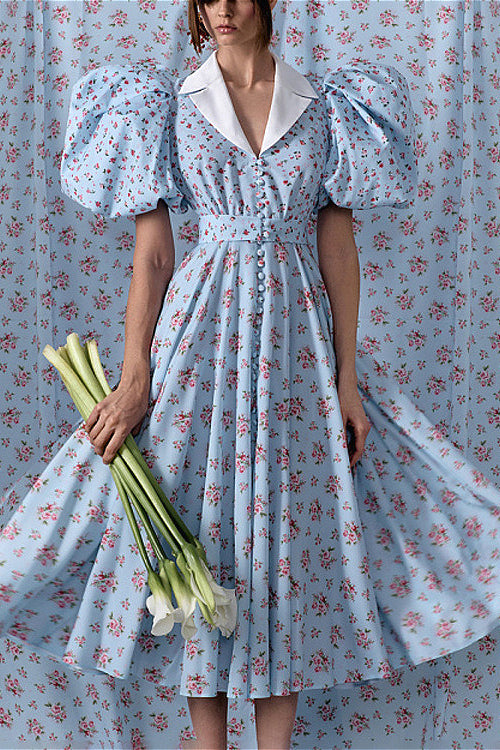 Kleid mit Puffärmeln, Kragen, hoher Taille, Knopfleiste, A-Linien-Verschluss und Blumenmuster