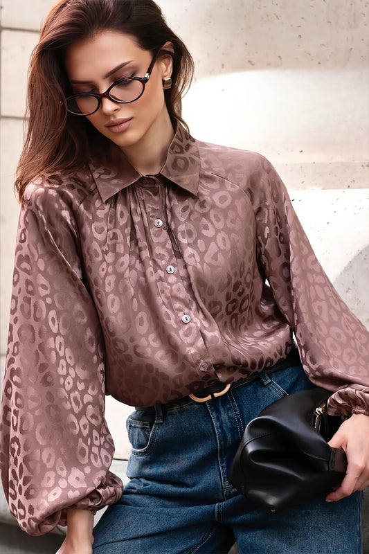 Leopard Jacquard Balloon Sleeve Blouse