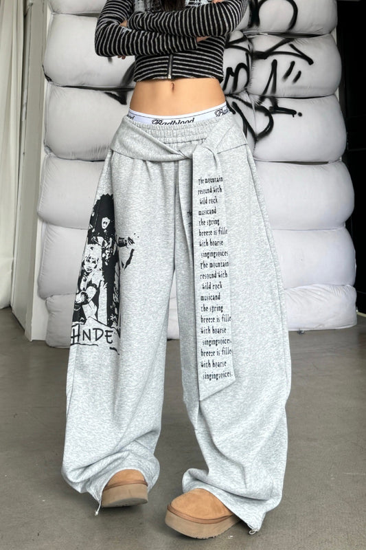 Street Style Graphic Letter Ribbon Curved Sweat Pants