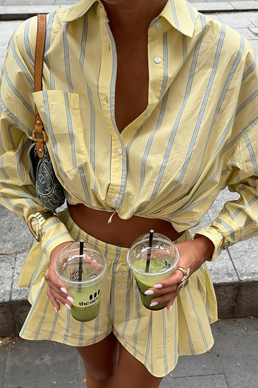 Striped Button Cropped Two Piece Set