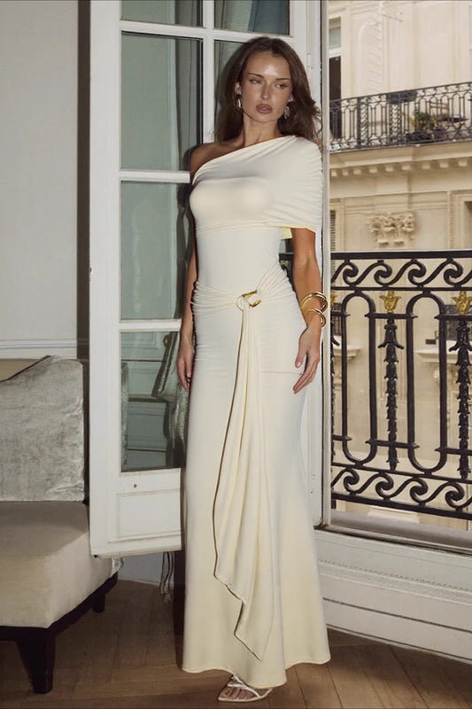 Sexy Asymmetrical Shoulder Tie Wrap Bodycon Maxi Dress