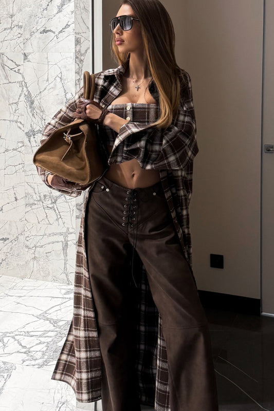 Designer-Karo-langes Oversize-Hemdmantel in Knielänge