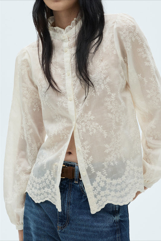 Sheer Tencel Chiffon Embroidered Blouse