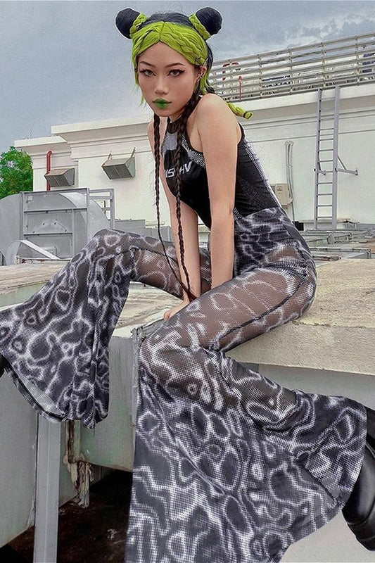 Schlaghose aus Netzstoff mit Blumenmuster und hoher Taille