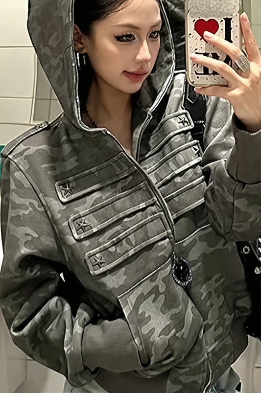 Camouflage Corset Detail Zip Hoodie