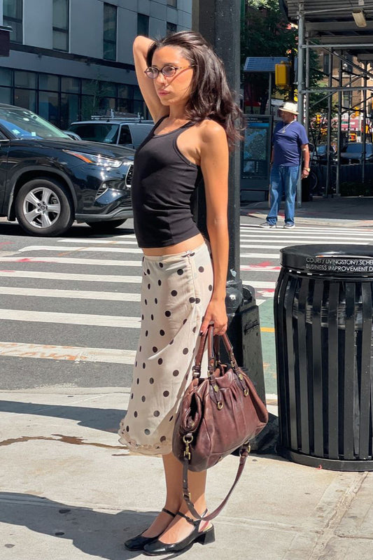 A-Linien-Rock aus Satin mit hoher Taille und Punkten