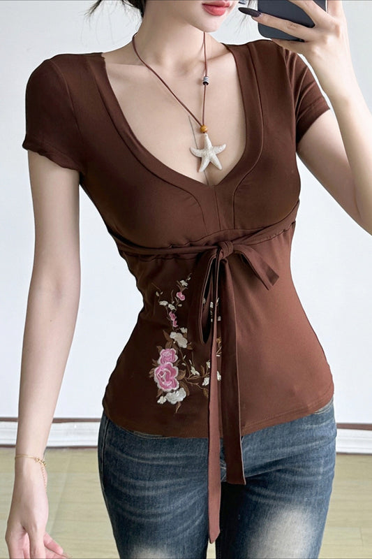 Vintage Floral Embroidery Tie Waist V Neck T-shirt