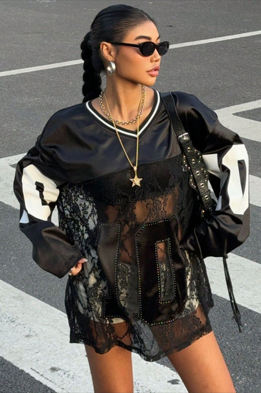 Sweatshirt mit transparentem Spitzen-Print und V-Ausschnitt