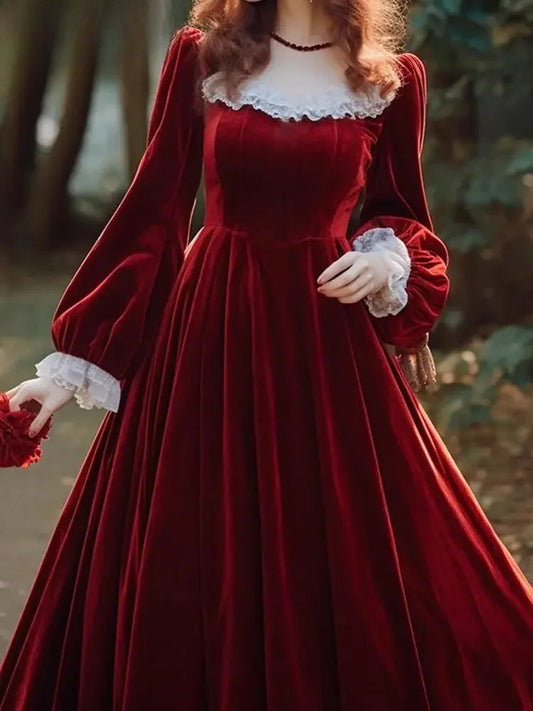 Elegant French Hepburn Velvet Drape Red Christmas Party Dress Dresses-L