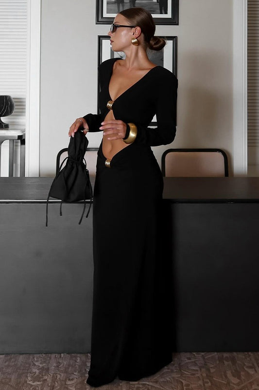 Deep V Waist Cutout Long Sleeve Maxi Dress
