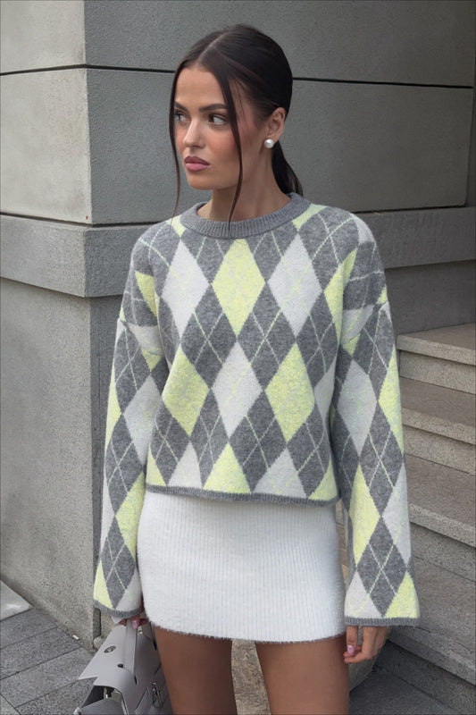 Argyle-Strickpullover in Grün mit Farbblockmuster, lockerer Rundhalsausschnitt