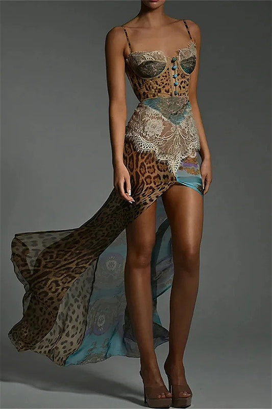 Patchwork-Spitzenkleid mit Leopardenmuster und Blumenmuster