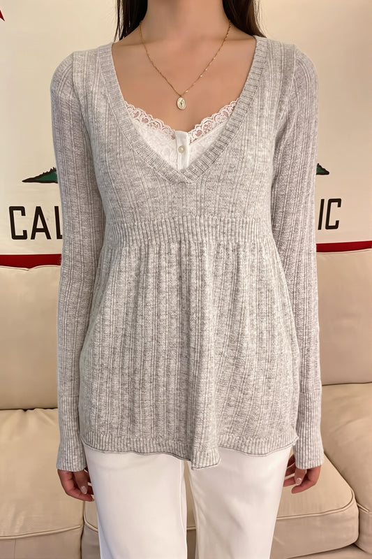 Lace Insert V Neck Relaxed Sweater
