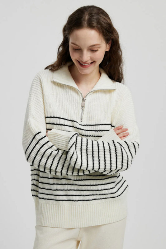 Pullover mit hohem Kragen, Streifenmuster und Farbblock-Design sowie Reißverschluss