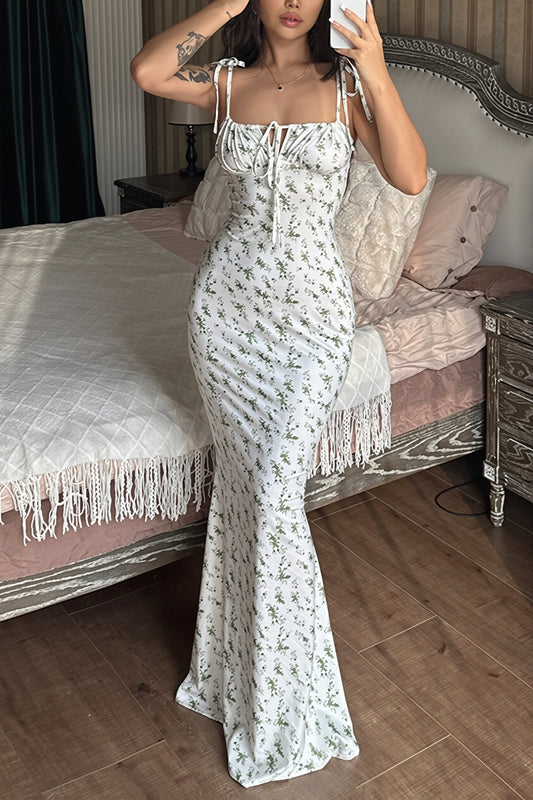 Floral Tie Strap Bodycon Maxi Dress