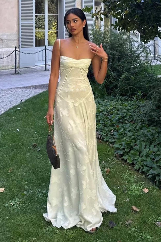Vintage Cremefarbenes Maxikleid mit floralem Rückenausschnitt