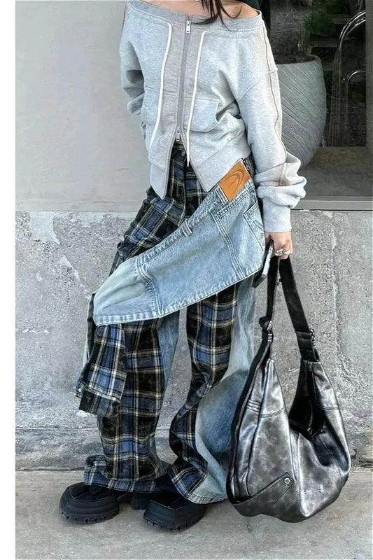 Karierte Patchwork-Jeans mit hoher Taille