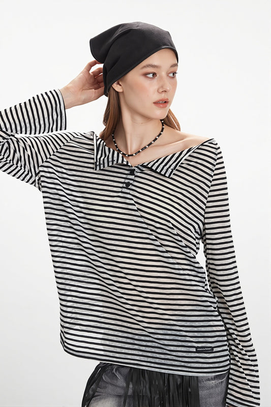 Striped Off Shoulder Long Sleeve T-shirt