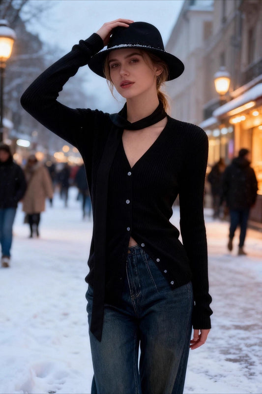 Schickes, geripptes Stricktop mit Schlauchschal