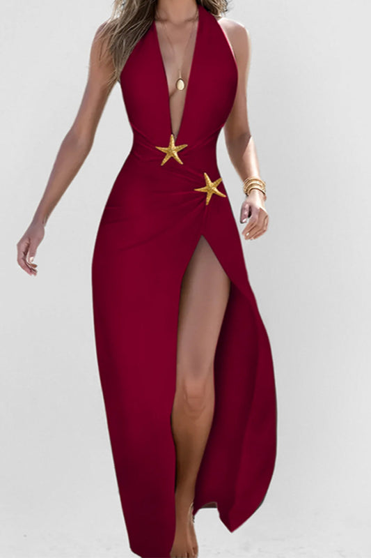Modisches, lockeres Partykleid mit V-Ausschnitt und Schlitz