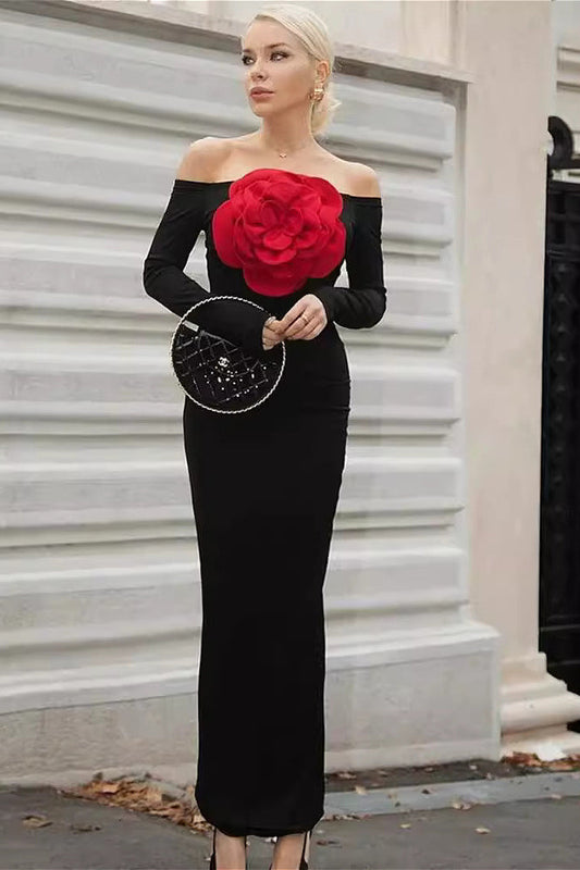 Red Floral Bandage Off Shoulder Long Sleeve Party Dress