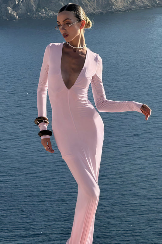 Elegant Sexy Deep V-Neck Long Sleeve Bodycon Maxi Dress