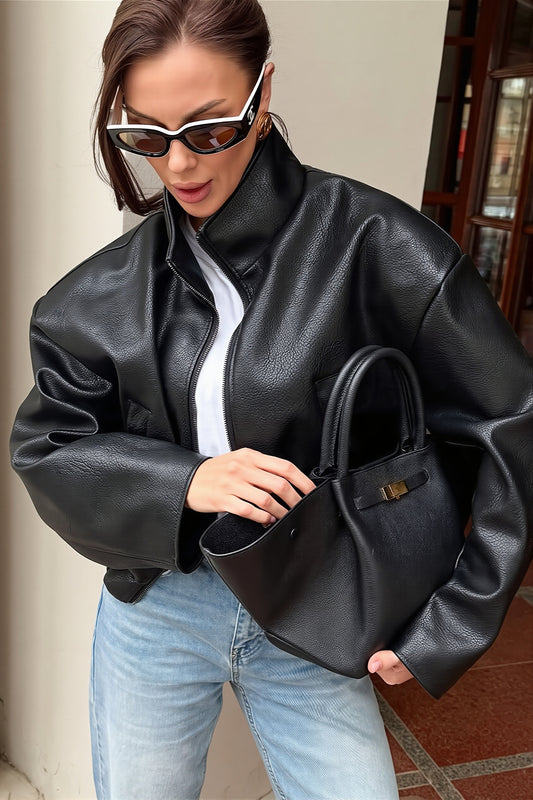 Cropped Stand Collar Faux Leather Jacket
