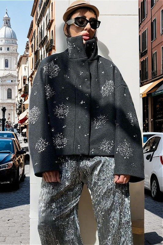 Vintage Strass-Rollkragenmantel, locker geschnitten