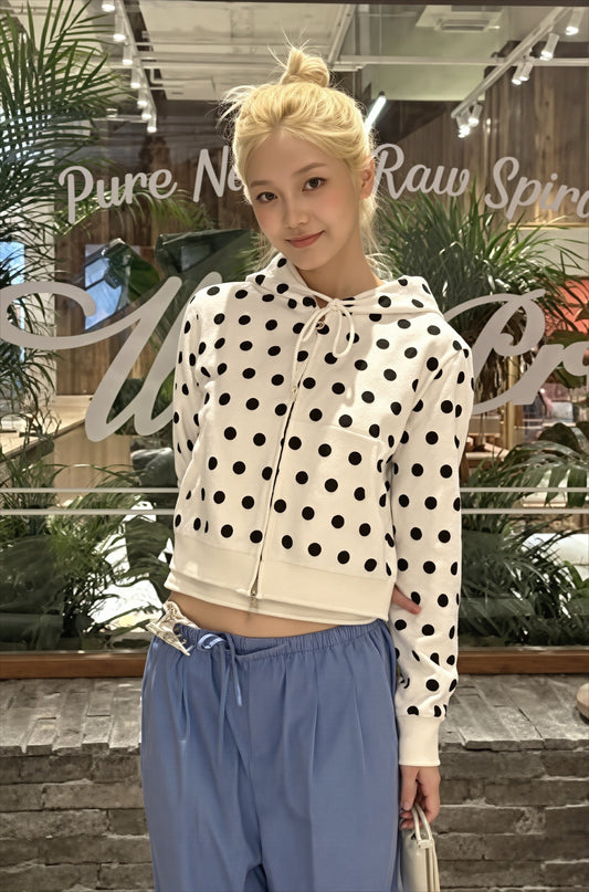 Polka Dot Ribbed hem Cropped Hoodie