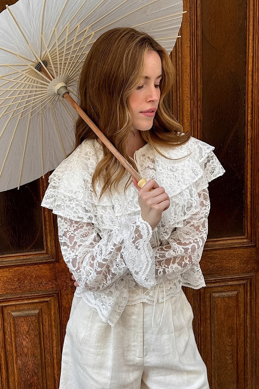 Vintage Spitzenrüschen Langarmbluse