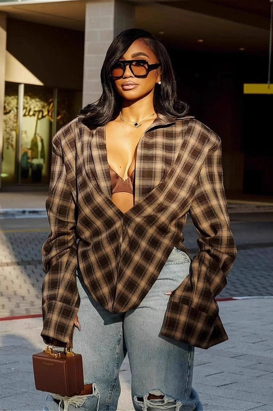Karierte, asymmetrische, schicke Bluse mit Kragen