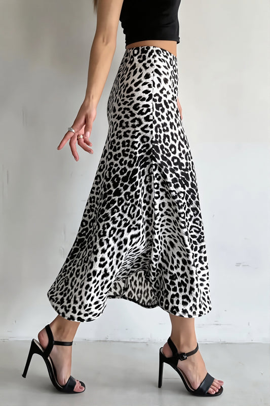 Satin Leopard Printed Elastic Waist Maxi Skirt