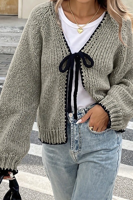 Contrast Edge V Neck Tie Front Cardigan