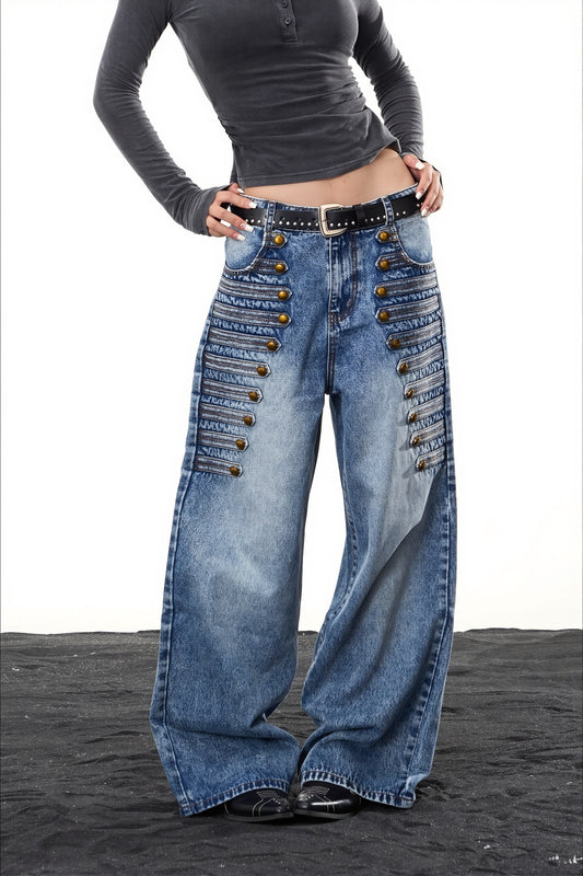 Multi Button Low Rise Wide Leg Jeans