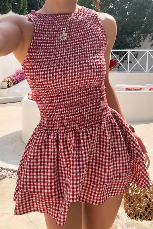 Gingham Ruffle Pleated Mini Dress